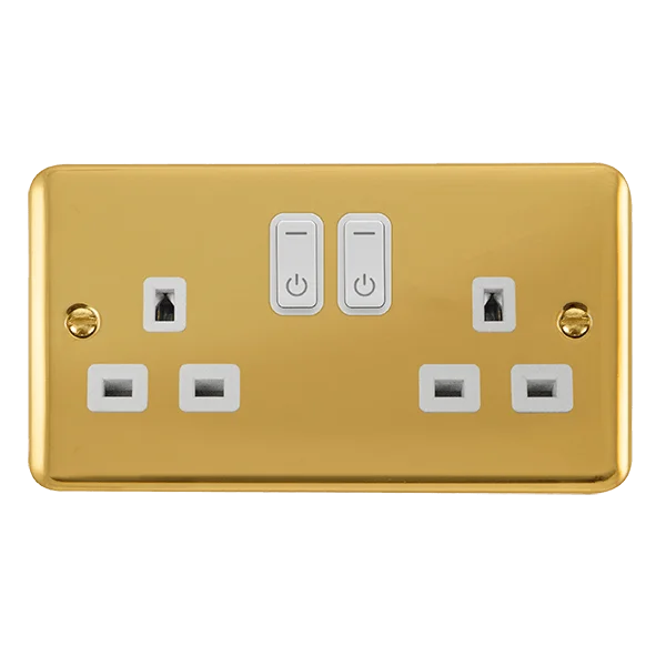 Track lighting for high - ceiling spacesClick Smart+ Ingot Deco+ 13A Double Gang RF Smart Socket in Brushed Brass & White