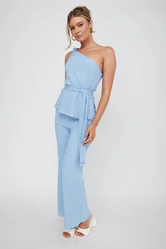 Austin City One-Shoulder Waist Tie Top Blue