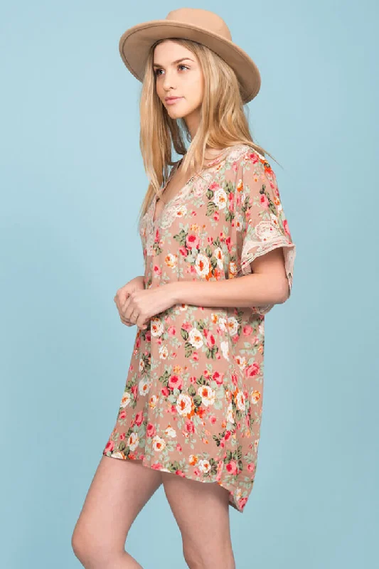 Brynn Floral Embroidered Tunic Dress Mocha