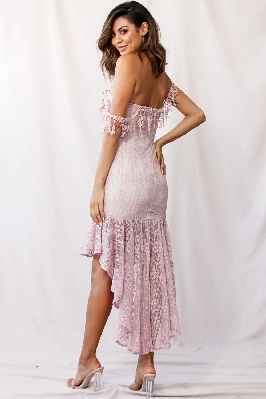 Fairytale Embroidered Mesh High Low Hem Dress Blush