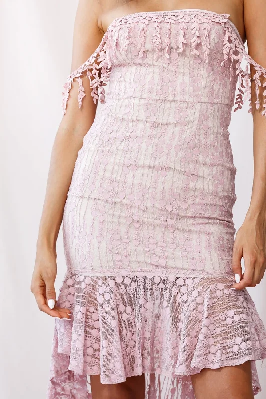 Fairytale Embroidered Mesh High Low Hem Dress Blush