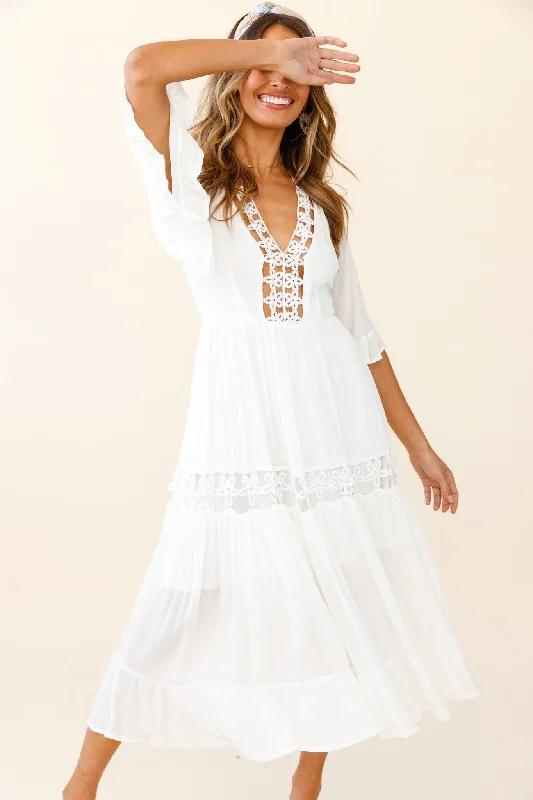 Feeling Groovy Bell Sleeve Crochet Trim Maxi Dress White