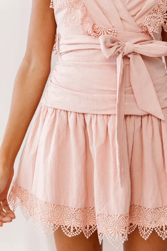 Juliet Gathered Detail Lace Trim Dress Blush