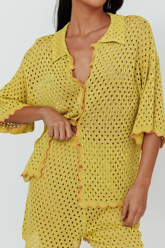 Just A Hunch Button Crochet Shirt Avocado/Pumpkin