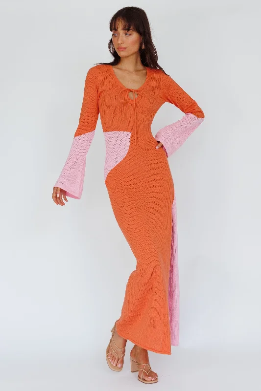 Karsen Long Sleeve Crochet Maxi Dress Orange