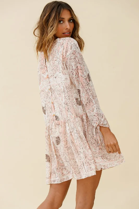 Mina Long Sleeve Button Back Shift Dress Ornate Print Pink