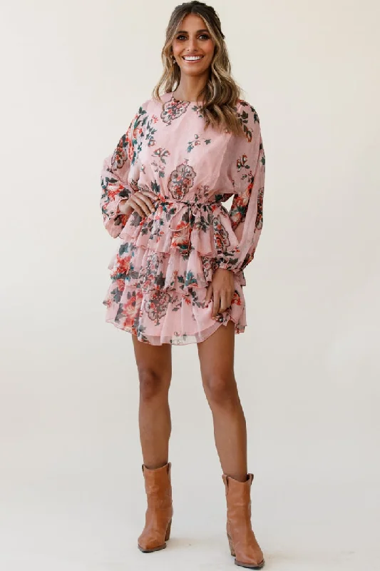 Odessa Long Sleeve Layered Ruffle Dress Floral Print Pink