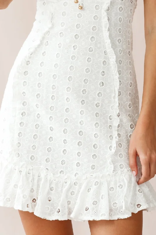 Pippa Eyelet Embroidered Frill Trim Dress White