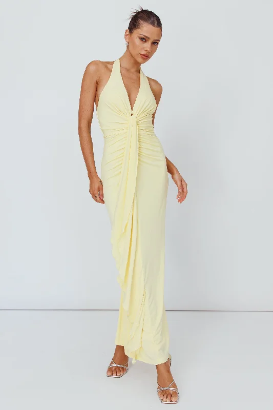 Ray Of Light Ruched Halterneck Maxi Dress Lemon