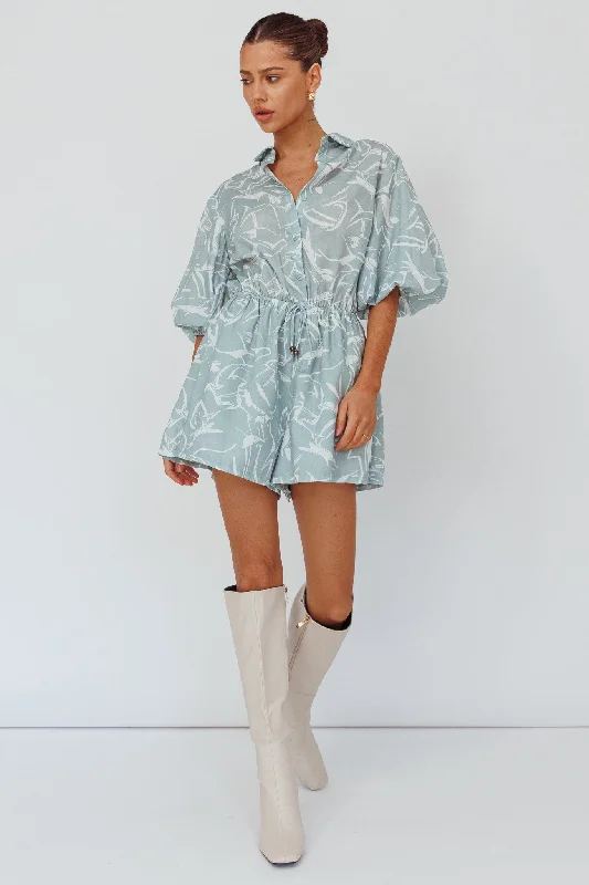 Tiki Puff Sleeve Drawstring Romper Print Sage