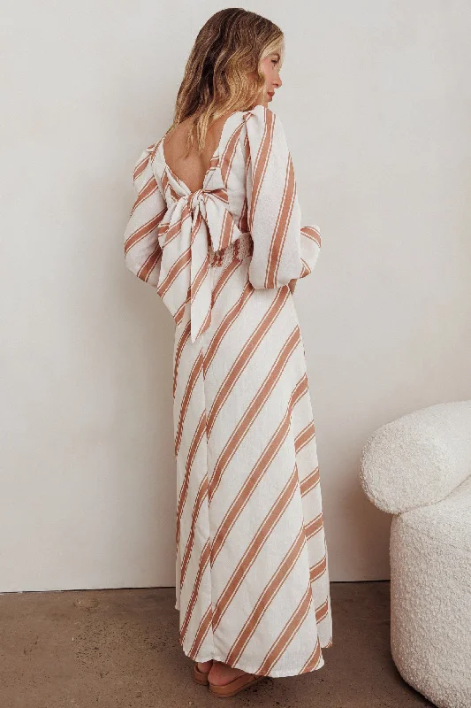 Transcendent Puff Sleeves Striped Maxi Dress Tan