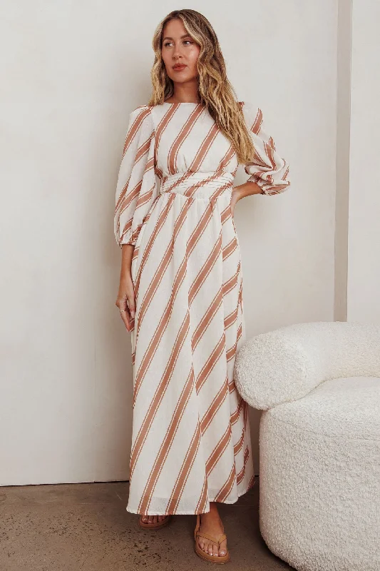 Transcendent Puff Sleeves Striped Maxi Dress Tan