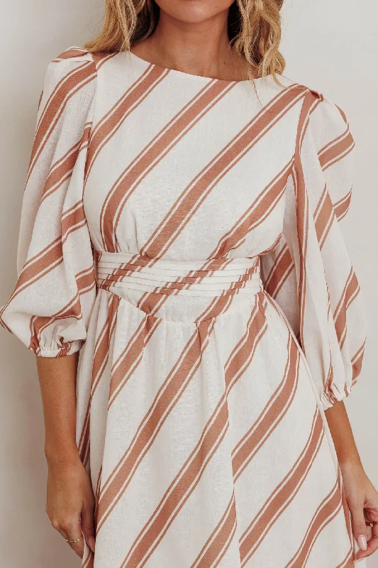 Transcendent Puff Sleeves Striped Maxi Dress Tan