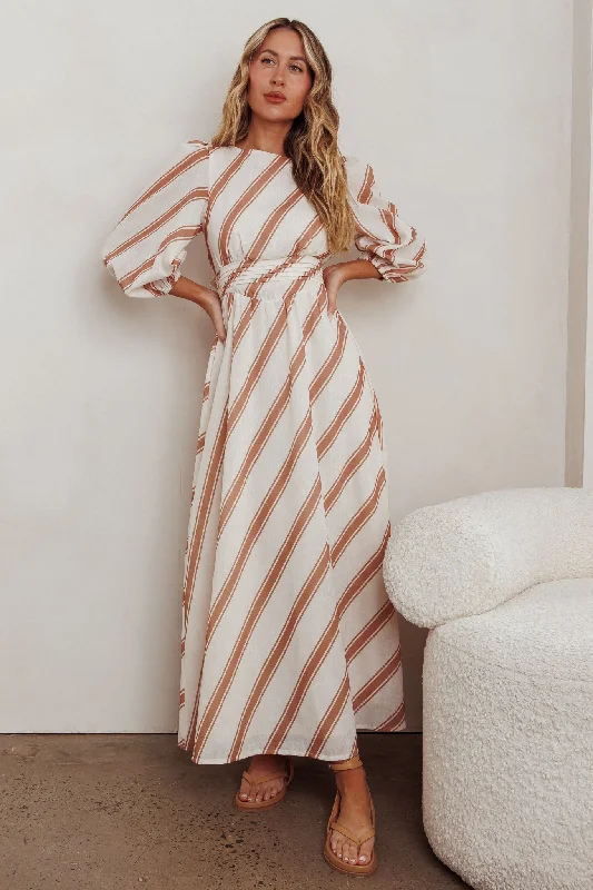 Transcendent Puff Sleeves Striped Maxi Dress Tan