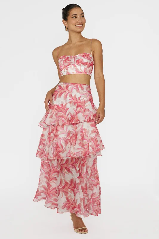 Veda Tiered Ruffle Maxi Skirt Floral Pink