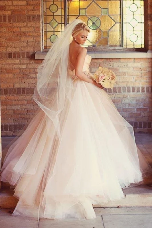 A-line Sweetheart Strapless Pink Long Tulle Wedding Dress  WD235