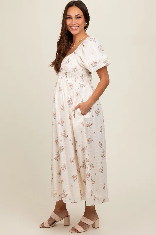 Beige Floral Textured Dot Smocked Sweetheart Neck Maternity Midi Dress