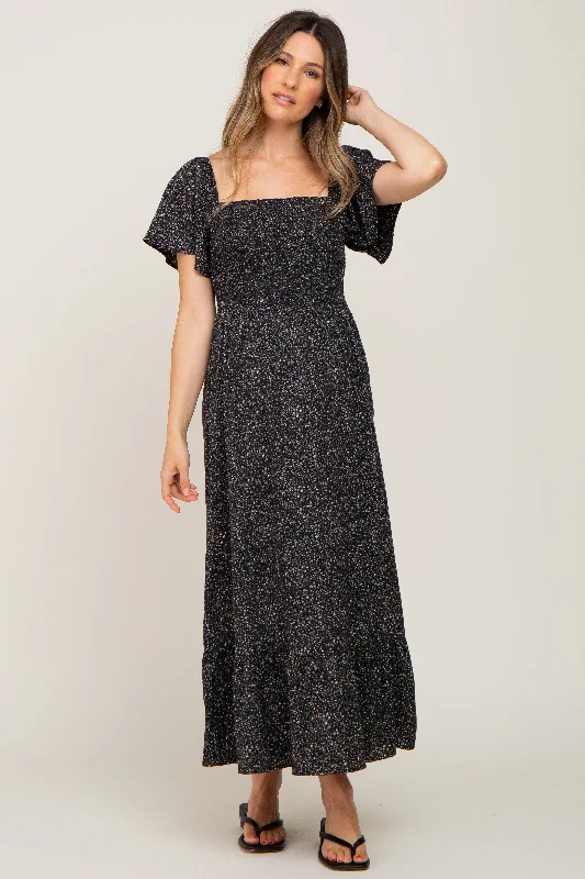 Black Floral Smocked Maternity Maxi Dress