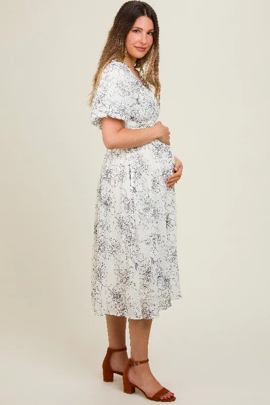 Black Floral Smocked Waist Maternity Midi Dress