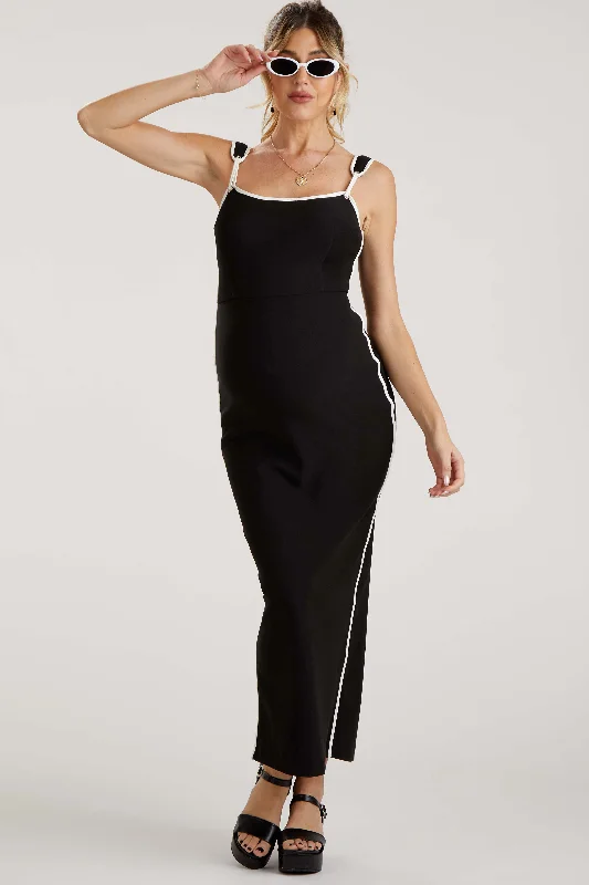 Black Leather Trim Back Slit Maternity Maxi Dress