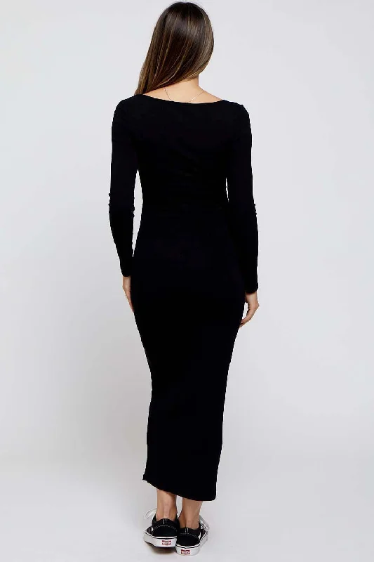 Black Ribbed Scoop Neck Maternity Midi Dress