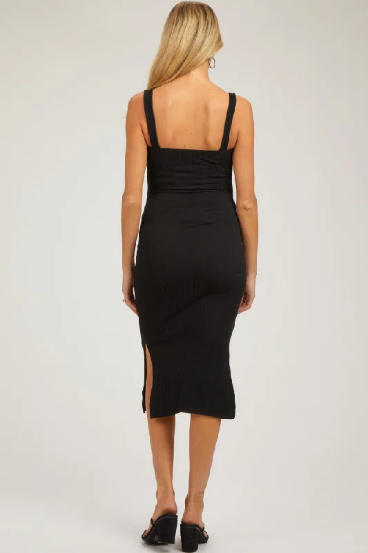 Black Ring Accent Strap Maternity Midi Dress