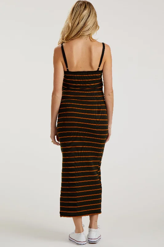 Black Striped Ribbed Side Slit Maternity Midi Dress