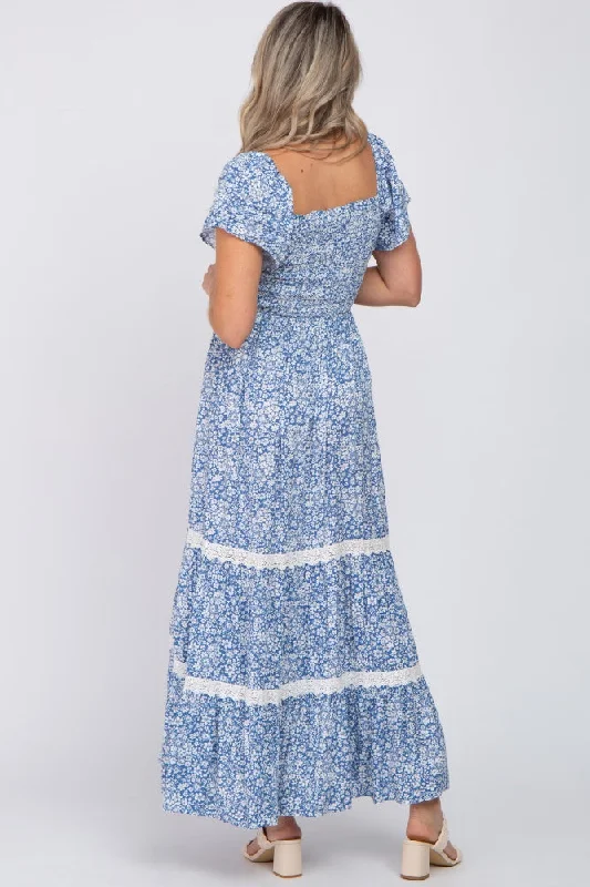 Blue Floral Square Neck Smocked Front Lace Trim Maternity Maxi Dress