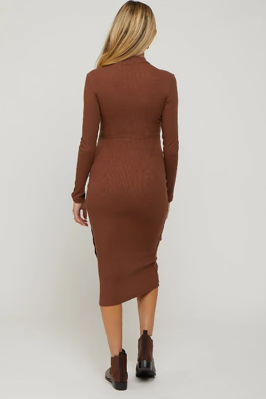 Brown Ribbed Mock Neck Button Side Slit Maternity Midi Dress