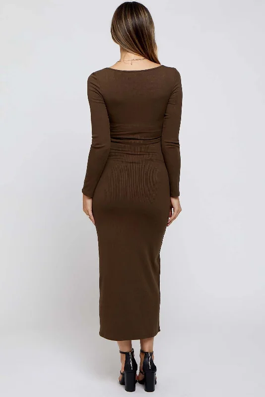 Brown Ribbed Scoop Neck Maternity Midi Dress