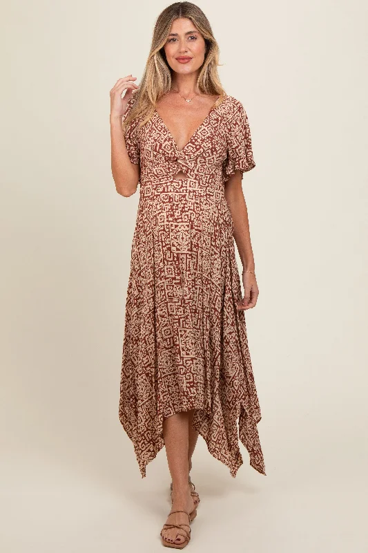 Brown Twist Front Cutout Maternity Maxi Dress