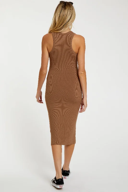 Camel Sleeveless Ribbed Fitted Maternity Midi Dress