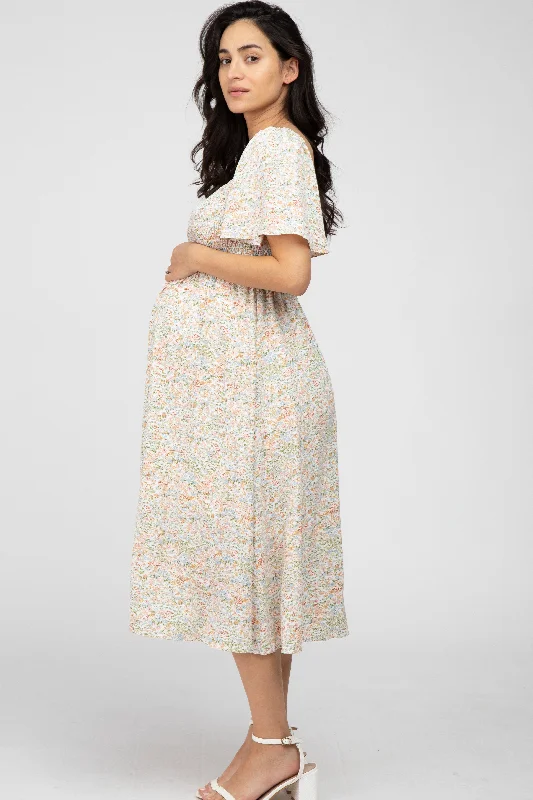 Cream Floral Smocked Square Neck Maternity Midi Dress