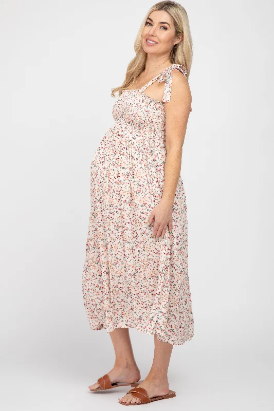 Cream Floral Smocked Tie Strap Maternity Midi Dress