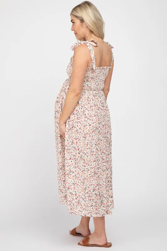 Cream Floral Smocked Tie Strap Maternity Midi Dress