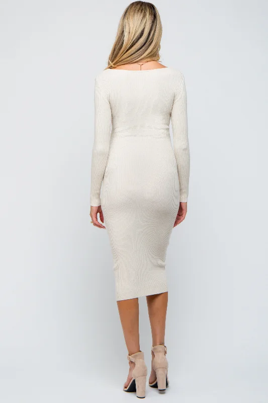 Cream Ribbed Long Sleeve Maternity Midi Dress