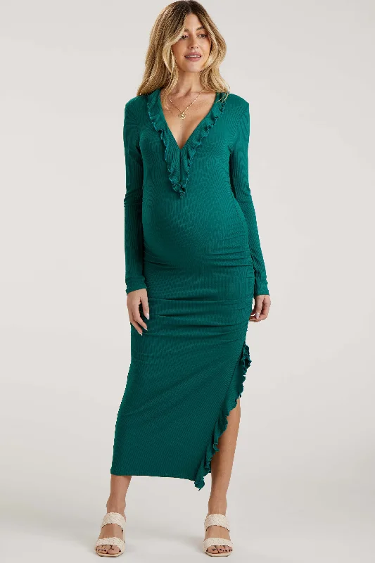 Forest Green Ruffle Ruched Long Sleeve Maternity Maxi Dress