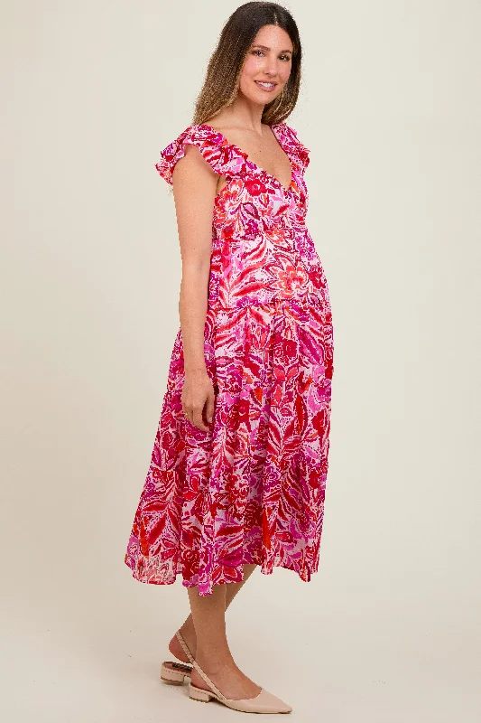 Fuchsia Floral Flutter Sleeve Maternity Dress