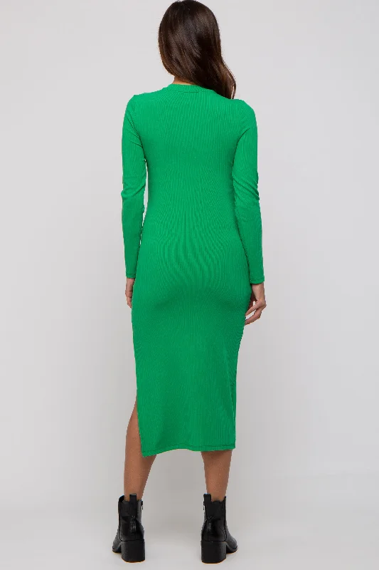 Green Ribbed Mock Neck Long Sleeve Maternity Midi Dress