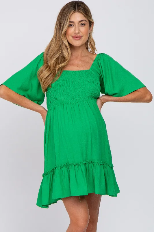 Green Smocked Tie Back Maternity Mini Dress