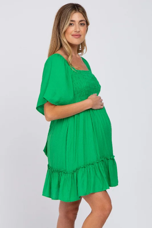 Green Smocked Tie Back Maternity Mini Dress