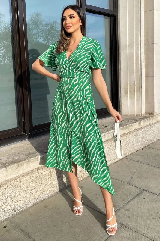 Gretta Green and White Animal Print Midi Dress