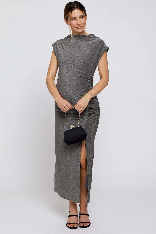 Grey Glitter Mock Neck Maternity Midi Dress