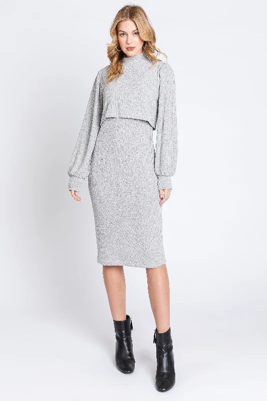 Heather Grey Rib Knit Mock Neck Maternity Nursing Dress