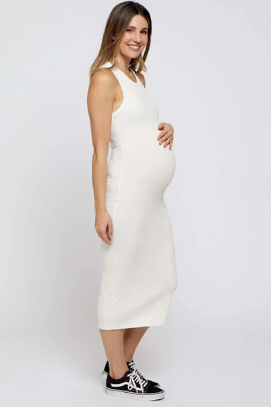 Ivory Sleeveless Ribbed Fitted Maternity Midi Dress