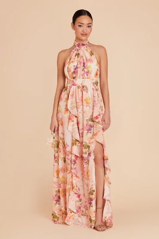 Joyce Chiffon Dress - Coral Sunset Peonies