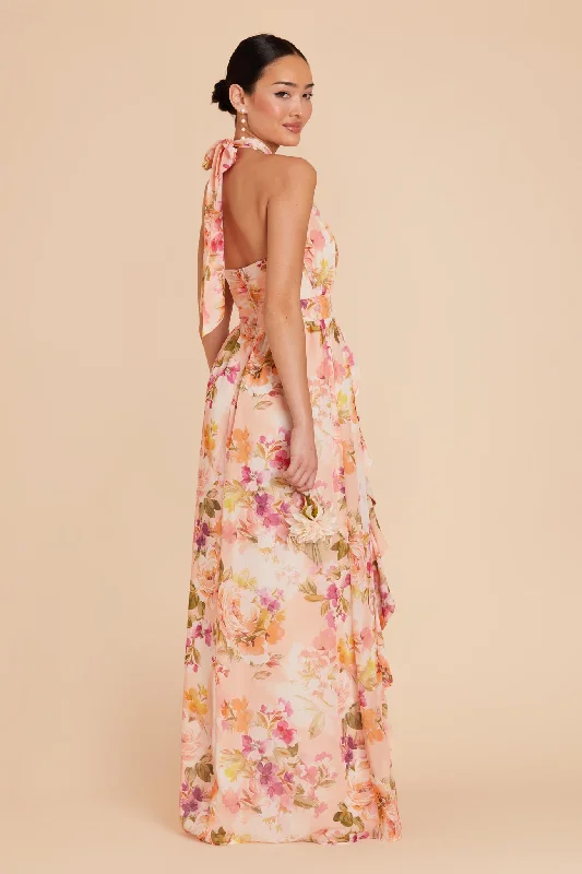 Joyce Chiffon Dress - Coral Sunset Peonies