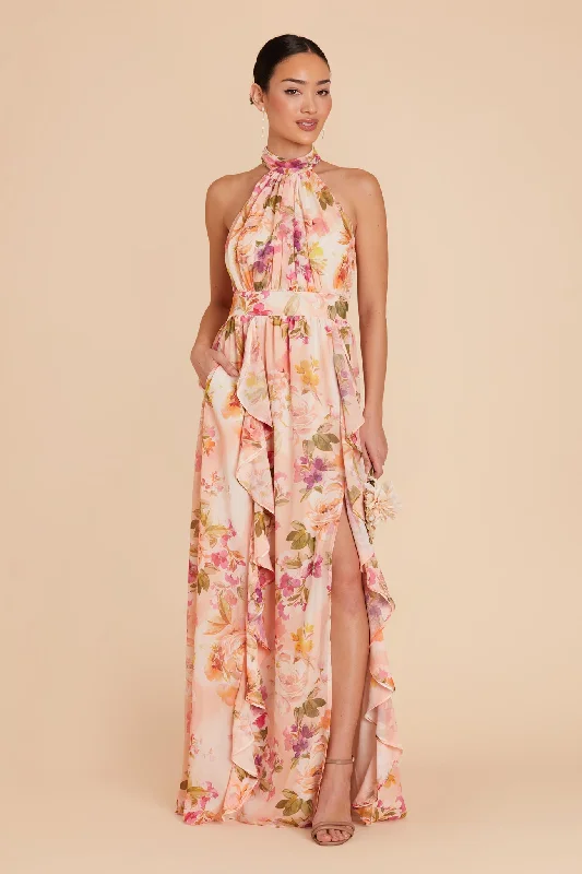 Joyce Chiffon Dress - Coral Sunset Peonies