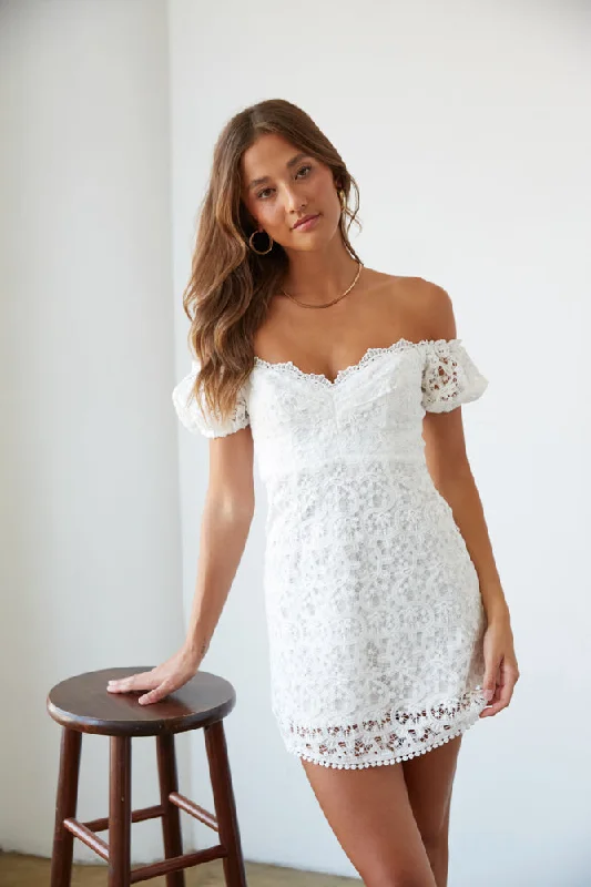 Karlie Lace Off-The-Shoulder Puff Sleeve Mini Dress in White