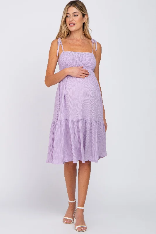 Lavender Smocked Shoulder Tie Maternity Dress